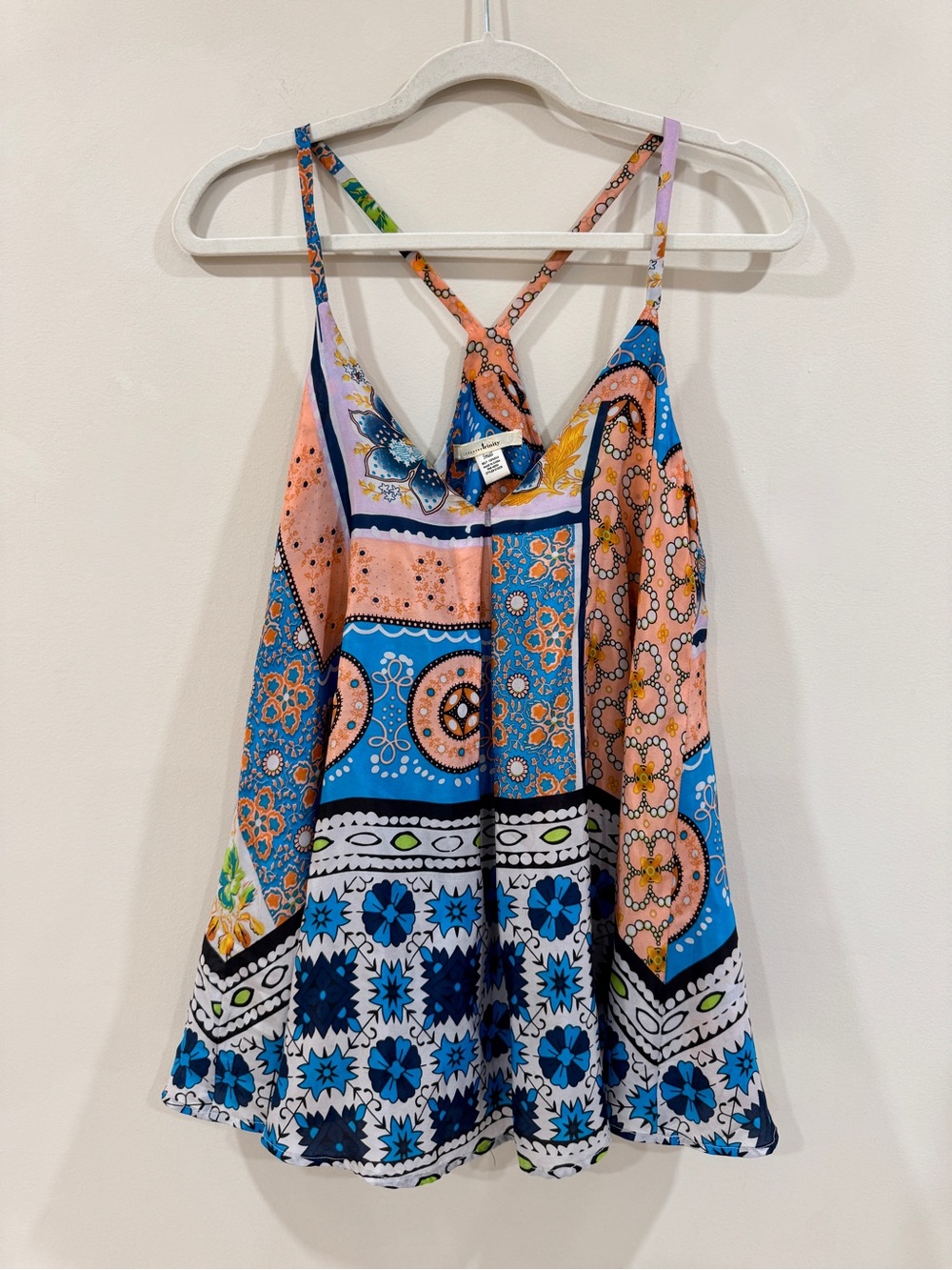 Trinity 100% Silk Flowy Boho Tank Patchwork Print Scarf-like Racerback Top Size